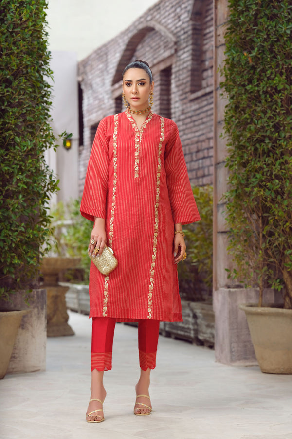 RED Stripe Embroidered  Kurta -EP2